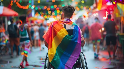 Person in Wheelchair with Rainbow Flag at Vibrant Street Festival
