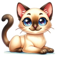A vibrant and colorful watercolor cartoon of a Siamese cat. The cat has big, expressive, and sparkling eyes that clearly show a cheerful and friendly