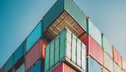 Fototapeta premium Shipping containers of various colors stacked on top of each other