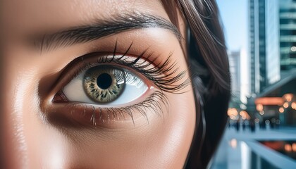 Close up of a human eye with a cityscape in the background