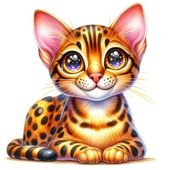 A vibrant and colorful watercolor cartoon of an Ocicat. The Ocicat has big, expressive, and sparkling eyes that clearly show a cheerful and friendly