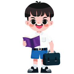 Cute Thai student boy in school uniform read a book