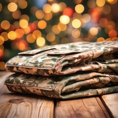 Army uniforms folded nicely on a table.  Lights in the background