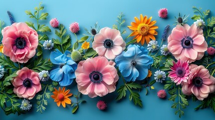  A variety of colorful flowers adorn a blue background, surrounded by verdant foliage Flowers gracefully occupy the center of the border
