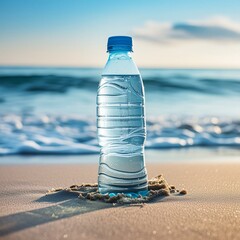 Plastic-waste water bottle washed up on the beach.