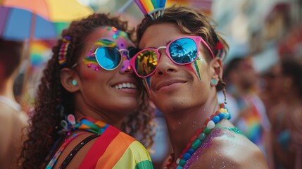 Couple Celebrating at Colorful Pride Parade