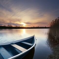 A boat rests along the shore in still water. 