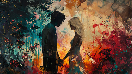 A romantic scene unfolds as a dark-haired man and a blonde woman tenderly hold hands, emanating love and affection in a captivating moment of intimacy