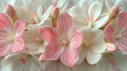   Pink and white flowers on white background with pink stamens centered in petals
