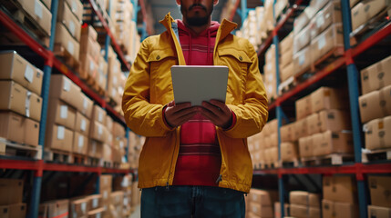 Fototapeta premium Warehouse worker using a digital tablet among shelves of boxes.