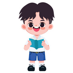Cute Thai student boy in school uniform read a book