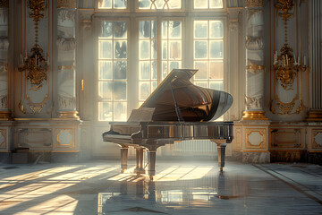 A Black Grand Piano in the Interior of the Room,
Black piano in a marmor hall
