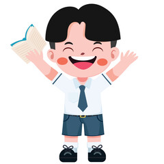 Cute Thai student boy in school uniform read a book