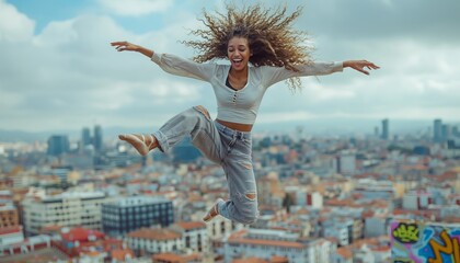 Female dancer leaping above cityscape