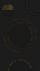vertical golden luxury circle frame on dark pattern 4k background, shiny gold particles, premium blank template social media design element	