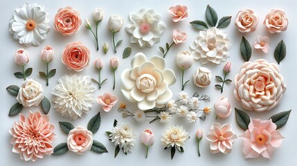   A white surface holds an arrangement of false flowers and foliage in hues of peach, pink, and white