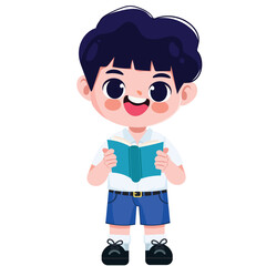 Cute Thai student boy in school uniform read a book