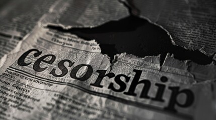 Dramatic black and white torn newspaper with the word censorship prominently displayed - Powered by Adobe