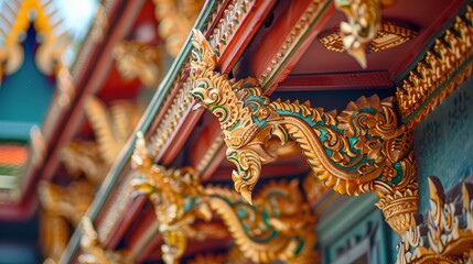 Closeup of intricate gold and green decorations adorning a cultural temple or shrine, showcasing their beauty and spiritual significance