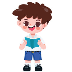 Cute Thai student boy in school uniform read a book