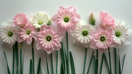   A cluster of pink and white blossoms resting beside one another on a white background, with verdant stems