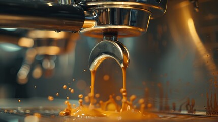 Espresso pouring from coffee machine. Professional coffee brewing