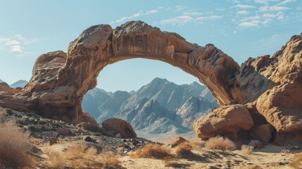 A large rock arch formation stands prominently in the arid desert landscape under a clear sky - Powered by Adobe