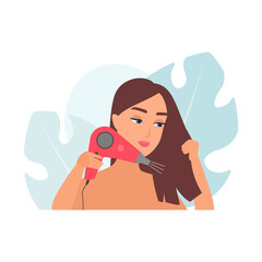 Girl blow drying hair, young female character holding hairdryer vector illustration