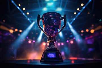 A trophy with geometric design illuminated by colorful stage lights.