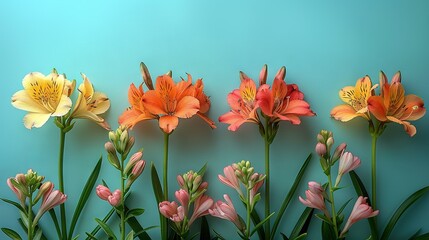  Orange-pink flower cluster on blue background with green stems and leaves