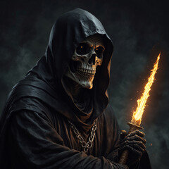 The skeleton death or the grim reaper in a creepy close up profil picture with a black hoodie, horror skull death with fire sword profile picture.
