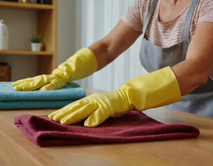 woman doing housework, housewive cleaning table with using cleaning gloves and wiping dirts