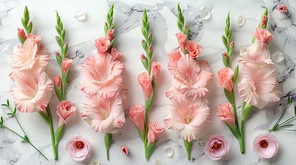   A cluster of pink blossoms resting adjacent on a marble slab, surrounded by white and pink blooms in the center