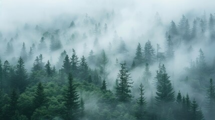 Hazy Forest: Coniferous Trees Covered in Cloud in Countryside Setting
