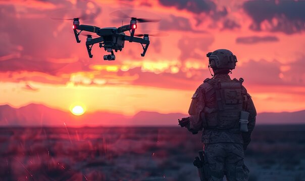 A soldier piloting a drone
