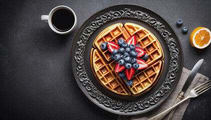 National Waffle Day in the USA. waffles for breakfast. delicious dessert. healthy food .wild berries on waffles