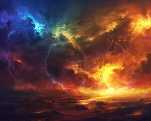 Stunning digital artwork of a dramatic sky with vibrant lightning and cloud formations, blending rich colors of blue, orange, and yellow.