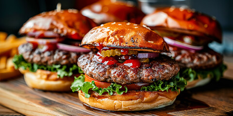 Juicy mouth-watering homemade hamburgers on wooden cutting board.