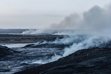 Fototapeta premium The red-hot lava flows into the reservoir, raising puffs of steam. The aftermath of a volcanic eruption
