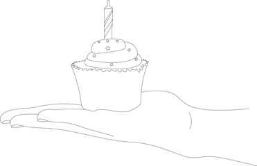Outline drawing of hand holding muffin cake. Hand holds Cupcake outline vector illustration. 