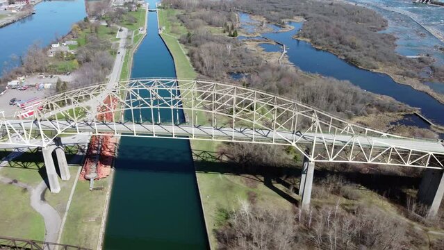 Sault Ste. Marie Canada panning across bridge from Michigan to Canada