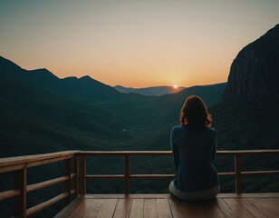 Woman Enjoying Mountain Sunset from Wooden Deck