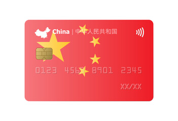 Bank credit card with flag and map of China isolated on white background. Vector illustration, mockup.