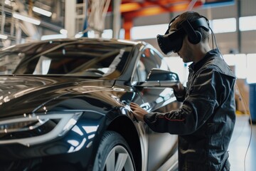 Fototapeta premium Automotive engineer working on 3D prototypes of electric cars using VR concept, AI generated