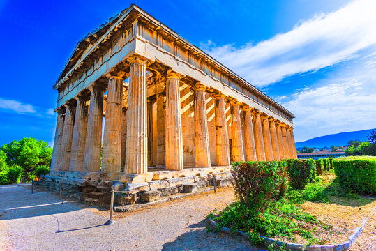 Athens, Greece: Temple of Hephaestus in a sunny day. Ancient Greek ruins. The Famous Hephaistos temple on the Agora in Athens, the capital of Greece. Europe