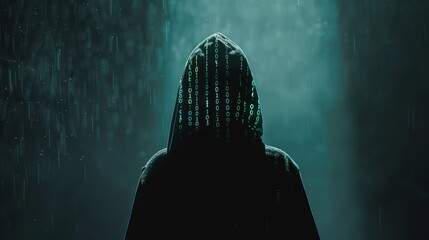A person standing in the rain wearing a hooded jacket, with binary code projected on a dark background