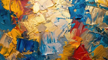 Obraz premium Oil Painting Abstract. Vintage Wallpaper with Colorful Leaves and Dirty Drawing on Golden Background