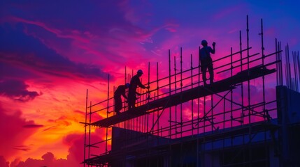 Two men are standing on the unfinished top of a construction site with scaffolding, against a colorful sunset backdrop