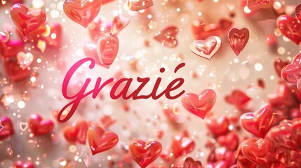 A festive and romantic image with the word "Grazie" surrounded by floating hearts