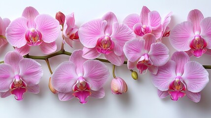   A cluster of pink orchids atop a white table, adjacent